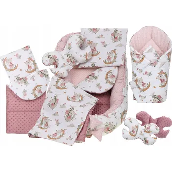 Povlečení Oboustranné hnízdečko (kokon) pro miminko - BABYMAM PREMIUM set 7v1 - V říši snů se starorůžovou minky