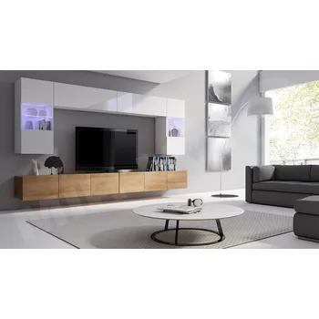 Obývací stěna Obývací stěna Bralani I, Barva: dub zlatý / bílá + bílý lesk, Osvětlení: osvětlení LED - modré MIRJAN 5902928225419