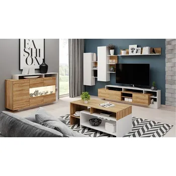 Obývací stěna Obývací pokoj Tauron, Barva: bílá + dub velký, Osvětlení: bez osvětlení MIRJAN 5902928802900