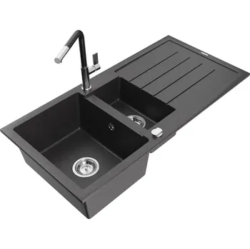 Granitový dřez MEXEN/S - Andres granitový dřez s odkapávačem včetně baterie Flora, černá nakrapiany 6515-76-670401-07