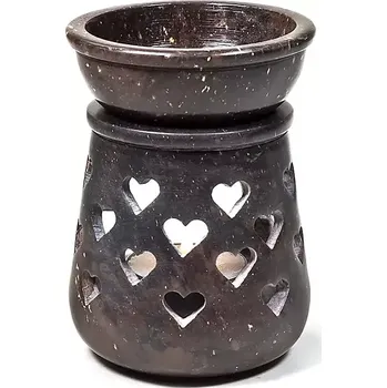 Vonný olej Aroma Lampa | Design Srdíčka | Tmavě hnědá 10x7,5 cm (Krásná aroma lampa vyrobená z přírodního mastkového kamene, zdobená řadou drobných srdíček. Vrchní mistička je odnímatelná, pro lepší manipulaci a údržbu. Tato lampa je vyrobená z mastku, přírodního)