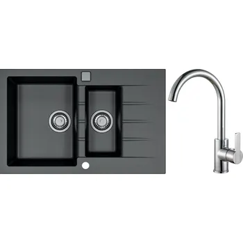 Granitový dřez Alveus Set Cadit 70 Granitový dřez s vaničkou a odkapem 790x500 mm + baterie Tonia chrom, černá, SETA22082