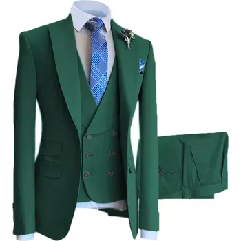 Luxusní svatební oblek na svatbu s dvouřadou vestou Barva: Tmavě Zelená, Velikost: XS