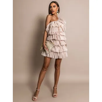 Dámské šaty Béžové tylové šaty RINU s volánky Velikost: M/L