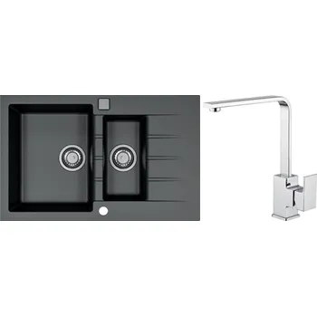 Alveus Set Cadit 70 Granitový dřez s vaničkou a odkapem 790x500 mm + baterie Reno, černá, SETA22078
