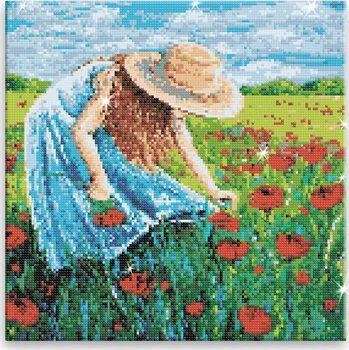 Diamantové malování Diamantové malování - Dívka trhající polní květy - 40x40 cm, bez dřevěného rámu - CZ výroba