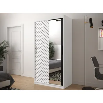 Šatní skříň Posuvná skříň se zrcadlem Ratintu 2 100 cm, Úložný prostor: ano, Barva: bílá / bílá + černý mat MIRJAN 5903211155277