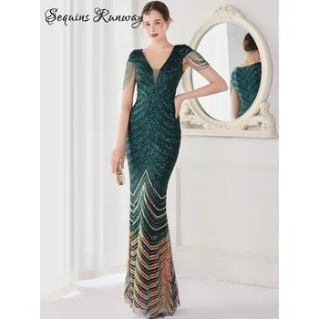 Dámské šaty Dlouhé plesové šaty Sequins SQ673 Barva: Zelená, Velikost: L