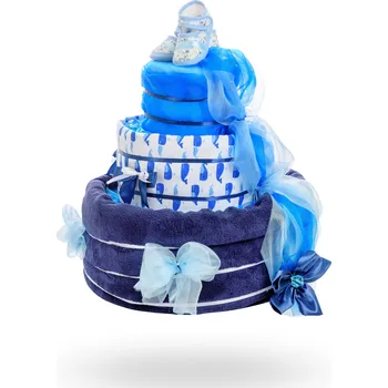 plenkový dort Dárek do porodnice - Plenkovky.cz Třípatrový plenkový dort pro chlapce – tmavě modrý speciál 1 1
