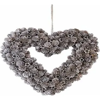 Vánoční dekorace Srdce s glitry Šišky a hvězdy, hnědá|stříbrná, 32x33x5,5cm, ks|Ego Dekor