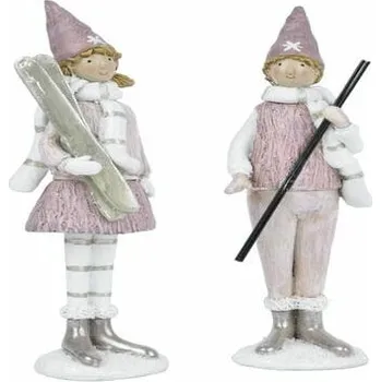 Bytová dekorace Dekorace dívka a chlapec s lyžemi, růžová/béžová/šedá, 7x22x6cm, balení obsahuje 2 kusy!|Ego Dekor