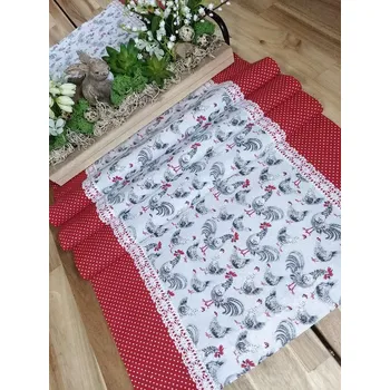 ubrus Běhoun - kohoutci na šedé s červeným puntíkem