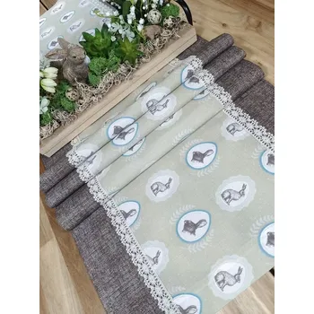 ubrus Běhoun - zajíci na béžové s hnědou