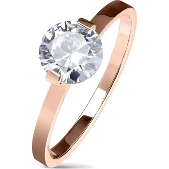 Prsten Ocelový zásnubní prsten měděné barvy, kulatý čirý zirkon, lesklá ramena - Velikost: 49