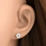 Náušnice v bílém 14K zlatě - kruh zdobený čirými zirkonky, modrý safír uprostřed