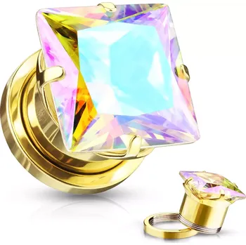 Piercing Plug do ucha z chirurgické oceli - čtvercový zirkon s duhovými odlesky, zlatá barva, PVD - Tloušťka : 6 mm