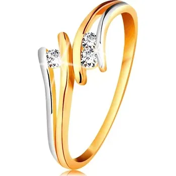 Prsten Diamantový zlatý prsten 585, tři zářivé čiré brilianty, rozdělená dvoubarevná ramena - Velikost: 54