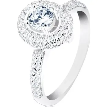 Prsten Prsten ze stříbra 925, lesklá ramena, kulatý čirý zirkon, třpytivý oválný lem - Velikost: 52