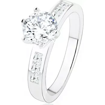 Prsten Zásnubní prsten ze stříbra 925, čirý zirkon v kotlíku, zdobená ramena - Velikost: 57