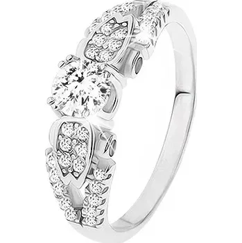 Prsten Stříbrný prsten 925, čiré kamínky, rozdvojená převázaná ramena, boční zdobení - Velikost: 48