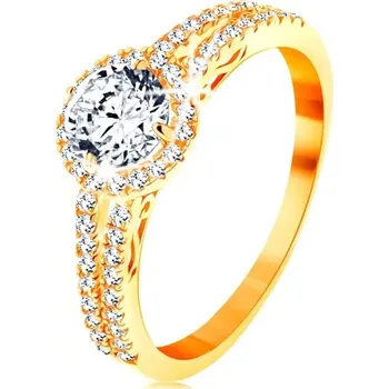 Prsten Prsten ze žlutého 14K zlata - čirý zirkon s blýskavým lemem, zdobená ramena - Velikost: 65