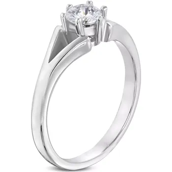 Prsten Ocelový prsten stříbrné barvy - zásnubní, rozdělená ramena, čirý zirkon - Velikost: 59