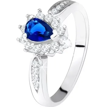 Prsten Lesklý prsten - stříbro 925, tmavě modrý zirkon - slza, čiré kamínky - Velikost: 54