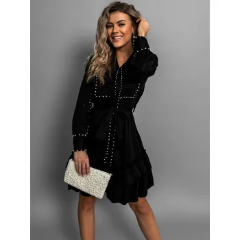 Dámské šaty Černé košilové šaty MUSTAFA s perličkami 95% bavlna Velikost: ONESIZE