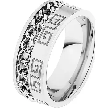 Prsten Ocelový prsten stříbrné barvy, zářez s řetízkem, řecký klíč - Velikost: 67