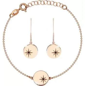 Náušnice Šperky Eshop Stříbrná 925 sada, růžovozlatý odstín - náramek a náušnice, kruh s Polárkou, černý diamant