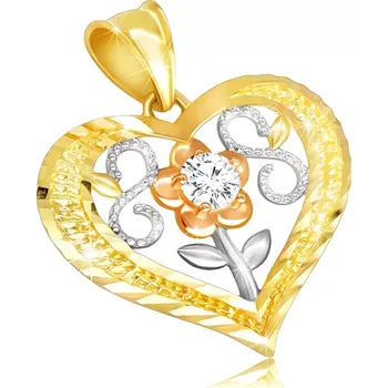 Přívěsek Přívěsek ve 14K žlutém zlatě - obrys pravidelného srdce, květ s čirým zirkonem, ležaté osmičky