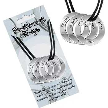 Náhrdelník Černá šňůrka na krk a tři kroužky s gravírováním "True, Friends, Forever"