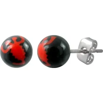 Náušnice Náušnice z oceli černé kuličky - znak červený škorpión