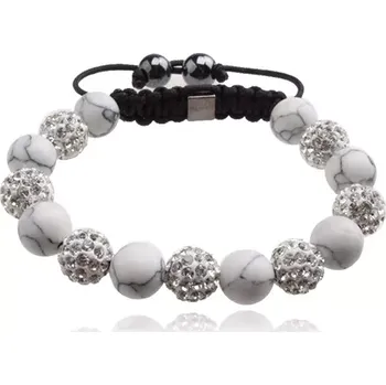 Náramek Náramek Shamballa, bílé mramorové korálky, čiré kamínky