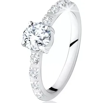 Prsten Stříbrný prsten 925, kulatý čirý kamínek, ramena zdobená zirkony - Velikost: 49