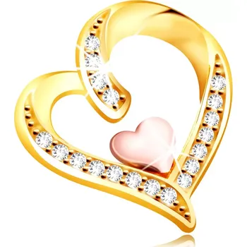 Přívěsek Přívěsek ze 14K zlata - nepravidelné srdce ozdobené zirkony s menším srdíčkem uprostřed