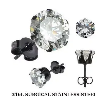 Náušnice Náušnice z oceli 316L černé barvy s čirým zirkonem v kotlíku, puzetky - Velikost zirkonu: 6 mm