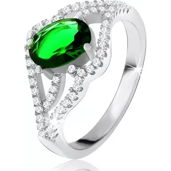 Prsten Prsten s oválným zeleným kamenem, zvlněná zirkonová ramena, stříbro 925 - Velikost: 59