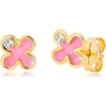 Náušnice Náušnice ze zlata 585 - kvítek s růžovou glazurou a zirkonem, puzetky