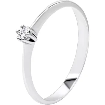 Prsten Briliantový prsten z bílého 585 zlata - tenká hladká ramena, čirý diamant v kotlíku - Velikost: 49