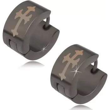 Náušnice Ocelové náušnice černé barvy, kruhové, lesklé, liliový kříž