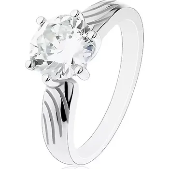Prsten Stříbrný prsten 925, velký kulatý zirkon čiré barvy, zářezy na ramenech - Velikost: 55