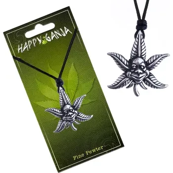 Náhrdelník Šňůrkový náhrdelník, černý, usměvavý kovový list konopí