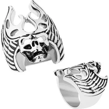 Prsten Ocelový prsten stříbrné barvy, černá patina, lebka - parohy, křídla - Velikost: 64
