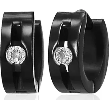 Náušnice Ocelové náušnice - lesklé černé kroužky, rýha, čirý kamínek