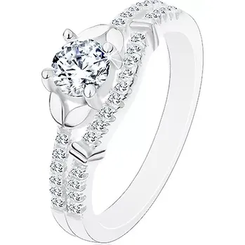 Prsten Stříbrný 925 prsten, čirý zirkon, dvojice lístečků a linie drobných zirkonků - Velikost: 62