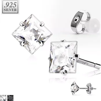 Náušnice Puzetkové náušnice z 925 stříbra - lesklý zirkon ve tvaru čtverce, vsazený mezi čtyřmi kolíčky - Rozměr: 5 x 5 mm, Barva: Černá