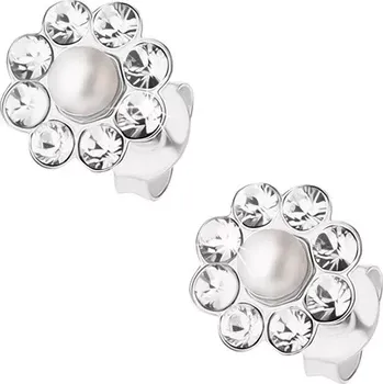 Náušnice Stříbrné 925 náušnice, kvítek s perličkou a čirými krystalky Preciosa