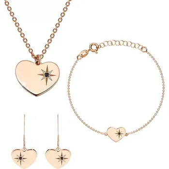 Souprava šperků Trojset růžovozlaté barvy, stříbro 925 - lesklé srdce, severní hvězda, černý diamant