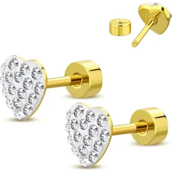 Náušnice Šroubovací náušnice zlaté barvy, ocel 316L, srdíčko s čirými zirkony